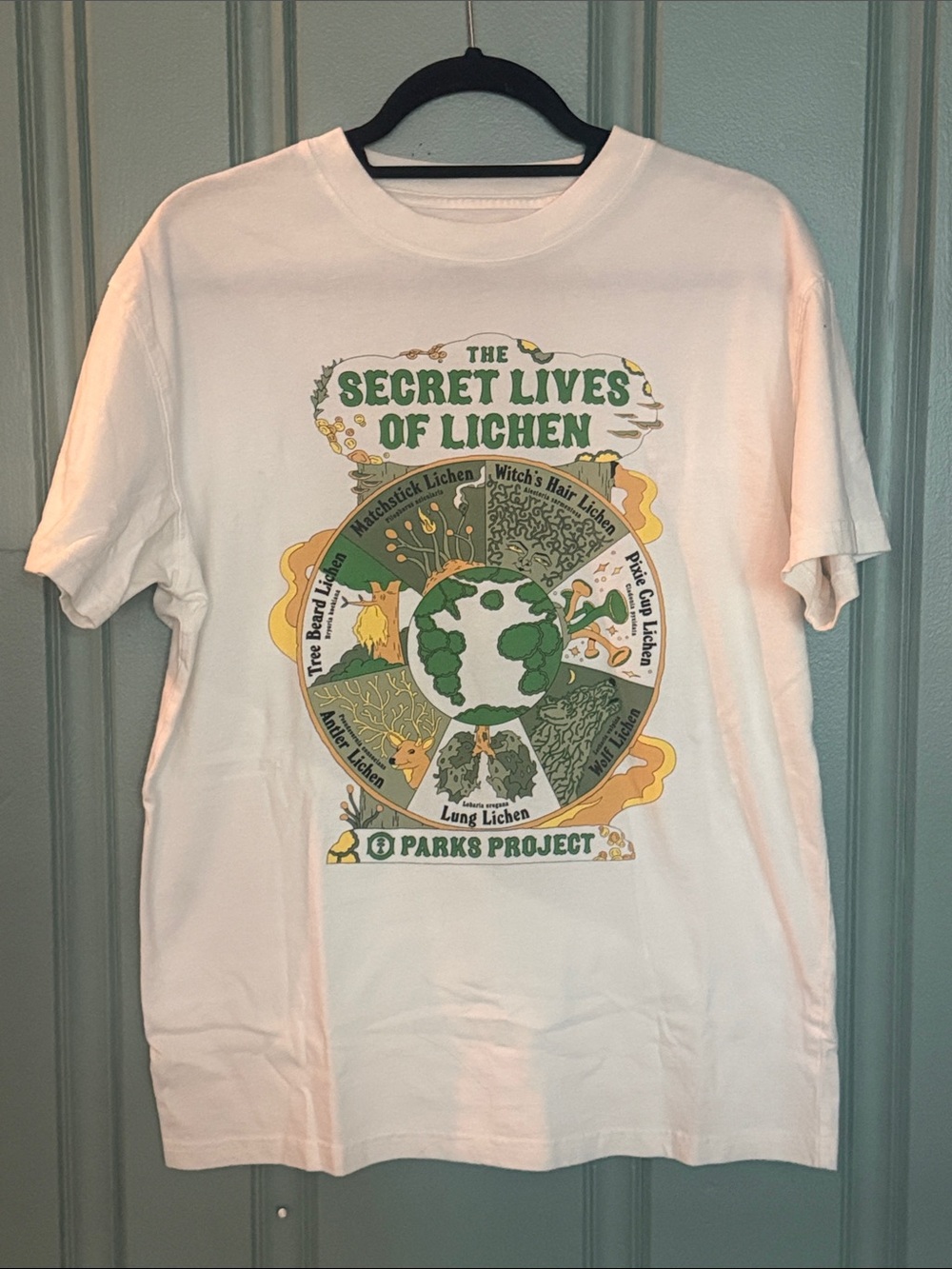 Parks Project White Graphic Tee with Green and Gold Lichen Design